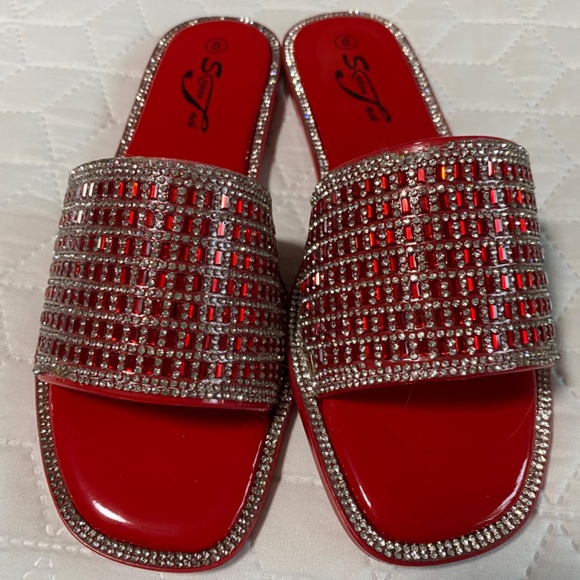 BLING SANDALS RED AND BLACK SIZE 8 - Picture 2 of 8